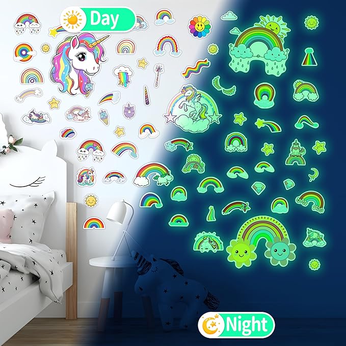 Glow in The Dark Unicorn and Rainbow Wall Decals, Stars Stickers for Baby Girls Room, Luminous Ceiling Decor for Bedroom Playroom Nursery