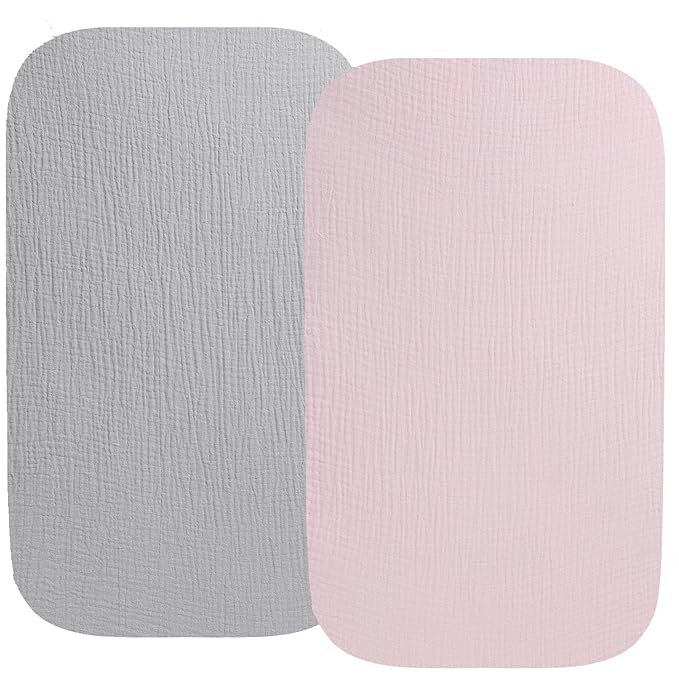 Muslin Bassinet Sheet Compatible with Baby Delight Beside Me Dreamer Bassinet, 2 Pack Cotton Stylish Boho Fitted Bassinet Sheets Super Soft for Baby Grey & Pink