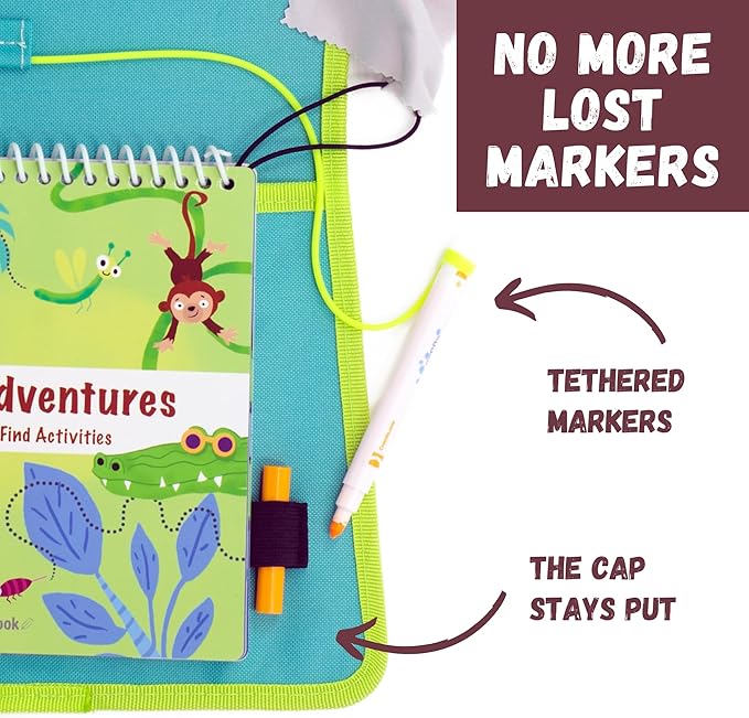 Totebook Kids Travel Educational Activity Book with Washable Markers - Car and Airplane Activities, Learning Toys for Toddlers- Reusable Stickers for Ages 4, 5, 6 (Jungle & 2 Extra Books)