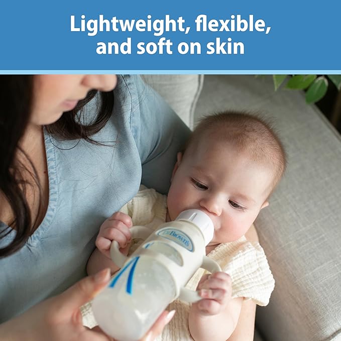 Dr. Brown's Narrow Baby Bottle Handles, 100% Silicone, Easy Grip Removable Handles for Bottle to Sippy Cup Transition, Blue/Gray/Green, 3-Pack, 4m+