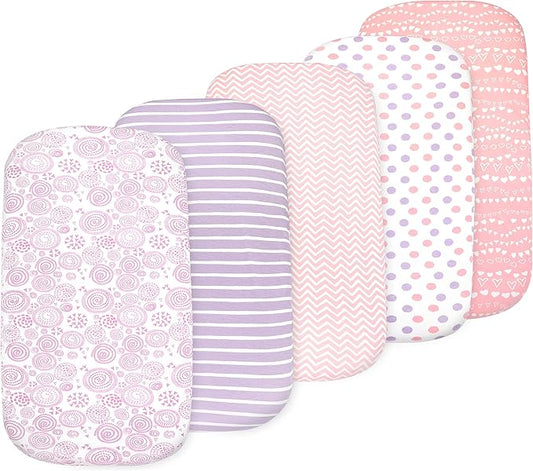 5 Pack Organic Bedside Bassinet Sheets Compatible with Mika Micky, Baby Delight, Dream On Me, AMKE and Other Bassinet Mattress Pads Size Between 17-21 in Width, 29-33 in Length, and 1.5-4 in Thick