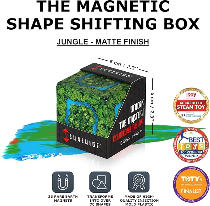 SHASHIBO Shape Shifting Box - Award-Winning Fidget Toy w/ 36 Rare Earth Magnets - Fidget Cube Transforms Into Over 70 Shapes, Sensory Toy Gift for Kids, Teens, and Adults (Wild Series - Jungle)