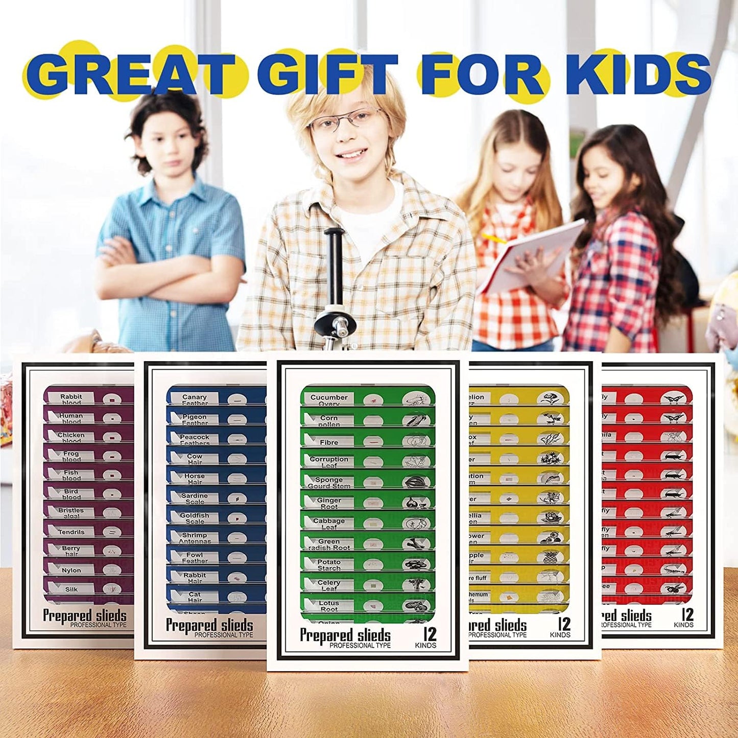 60Pcs Prepared Microscope Slides Specimen Animals Insects Plants Flowers Sample Biological Specimen, Stereo Microscope Slide for Kids Children Students Enlighten Education