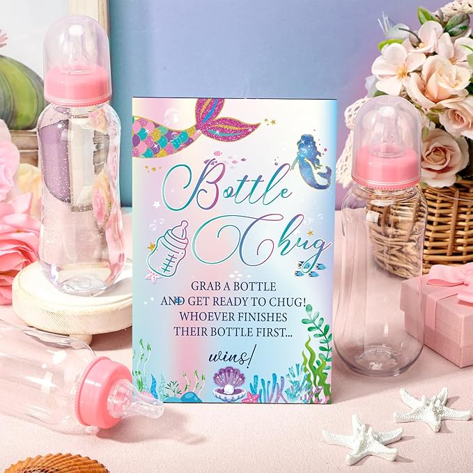 TrelaCo Mermaid Cool Baby Shower Games Bottle Chug Sign Wooden Mermaid Theme Gift Sets Gender Reveal Party Favors and 12 Pcs Baby Bottle Shower Favor for Games Gender Reveal