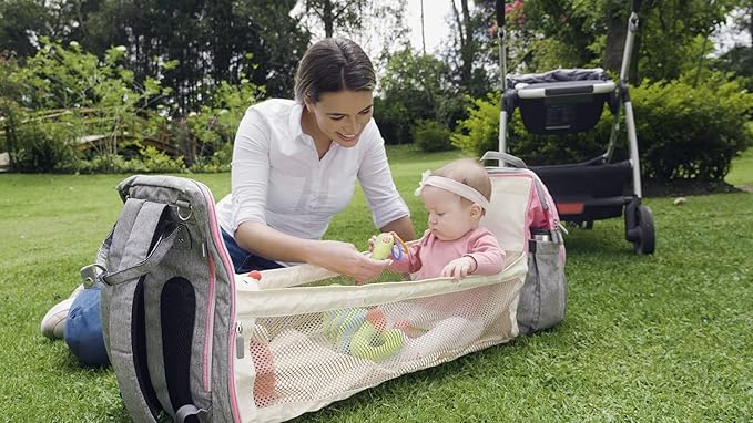 Grey Pink Baby Diaper Bag Backpack with Changing Station for Boy & Girl, Multifunction Large Diaper Bag Backpack for Mom, waterproof travel diaper bag for women, pañaleras para bebe niña