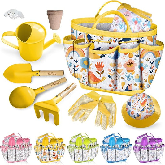 Kids Gardening Tool Set 18PCS Kids Toddler Gardening Set Includes Tote Bag Watering Can Apron Hat Rake Shovel Spoon Gloves Plant Pots and Labels, Outdoor Toys Gift for Boys Girls (Yellow)