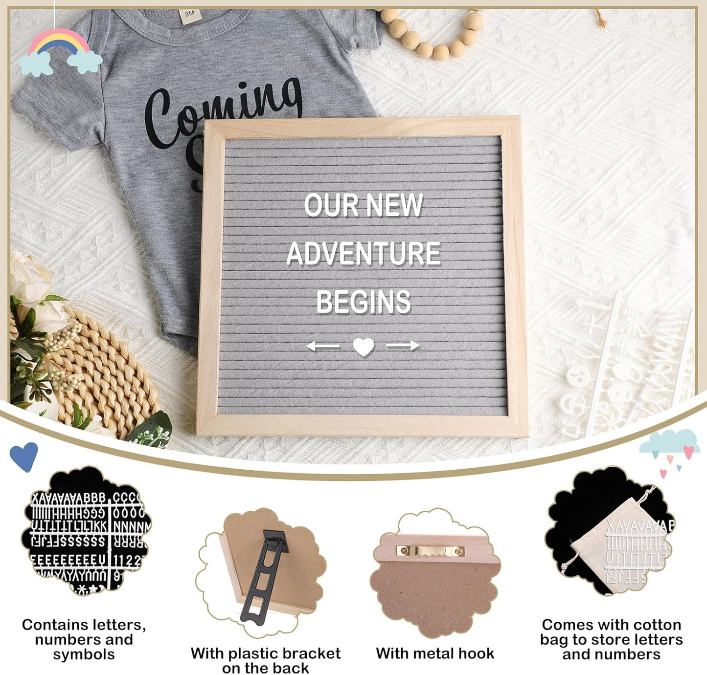 9 Pcs Pregnancy Announcement Set Pregnancy Reveal Ideas Felt Letter Board Baby Bodysuit Booties Photo Frame Bear Plush Wood Blocks for Coming Soon Baby Announcement(Gray)