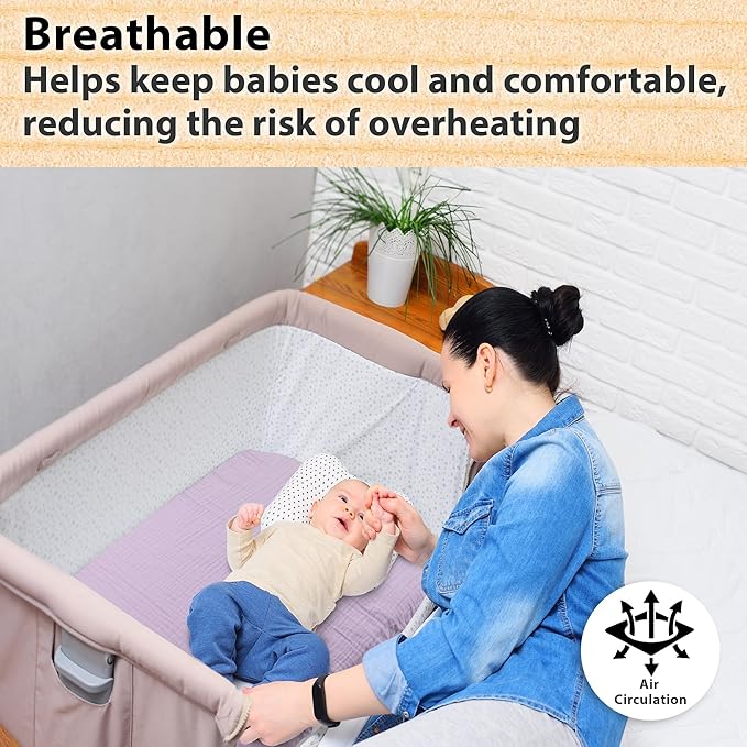 3 Pack Organic Muslin Bedside Bassinet Sheets Compatible with Mika Micky, Baby Delight, Dream On Me, AMKE and Other Bassinet Pads Size Between 17-21 in Width, 29-33 in Length, and 1.5-4 in Thick