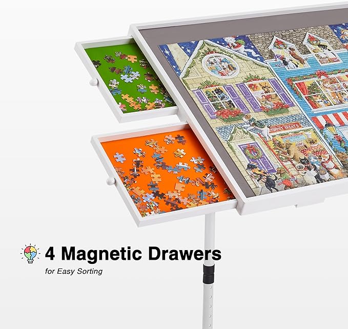 1000 Piece Jigsaw Puzzle Board Table with Drawers and Cover, Puzzle Board with Adjustable Angle and Height, Movable Puzzle Table with Legs for Adults, 30''x22'' Board with Storage, 4 Wheels