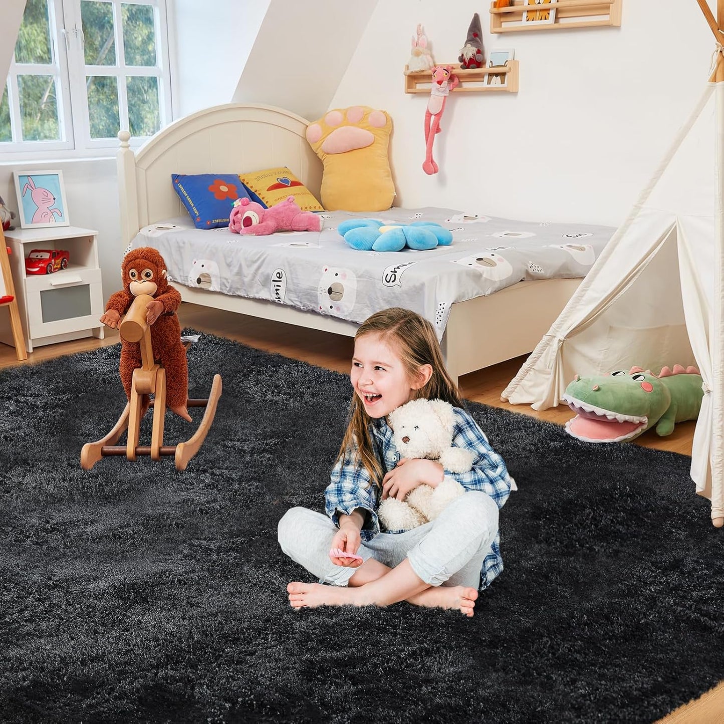 Extra Large Shag Rug, 9x12 Ultra Soft Indoor Modern Area Rugs for Living Room, Non-Skid Modern Nursery Rugs, Fluffy Carpet for Boy and Girls Room Dorm Home Decor Aesthetic, Black