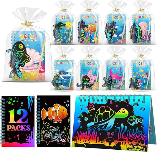 12 Pack Under the Sea Scratch Art Party Favors for Kids - Rainbow Scratch Paper with Ocean Animals Scratch Off Cards Easter Birthday Goodie Bags Stuffers - Return Gifts DIY Classroom Prizes