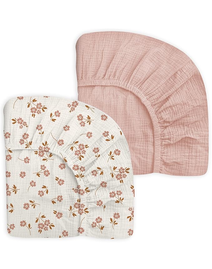Mini Crib Sheets for Baby Boy Girl 2 Pack, Neutral Mini Crib Mattress Sheet 24" x 38", Muslin Nursery Bedding Soft and Breathable Comfort (Floral & Pink)