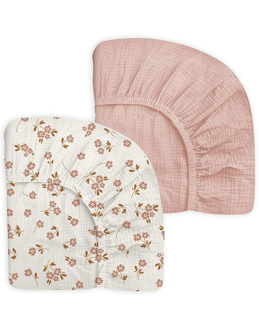 Pack and Play Sheets for Baby Boy and Girl 2 Pack, Neutral Muslin Cotton Pack N Play Mattresses Sheet 27"x39", Muslin Nursery Bedding Soft and Breathable Comfort (Floral & Pink)