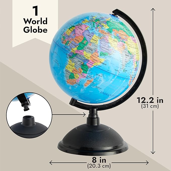 Juvale World Globe for Kids - 8-Inch, Multicolor with Plastic Stand - Educational Desk Globe with World Map for Kids & Classroom Decor