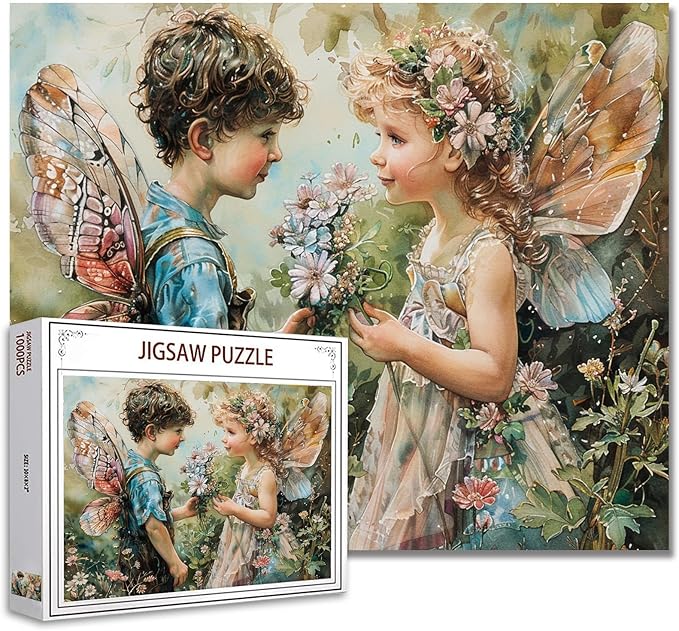 1000 Piece Angel GILR Flowers Jigsaw Puzzle Pixie Boy Wings Jigsaw Puzzles for Adults Elfin Garden Home Decoration Family Puzzle Perfect for Game Nights Ideal Gift Choice 20 x 27 Inch