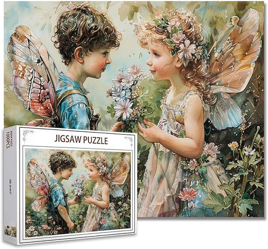 1000 Piece Angel GILR Flowers Jigsaw Puzzle Pixie Boy Wings Jigsaw Puzzles for Adults Elfin Garden Home Decoration Family Puzzle Perfect for Game Nights Ideal Gift Choice 20 x 27 Inch