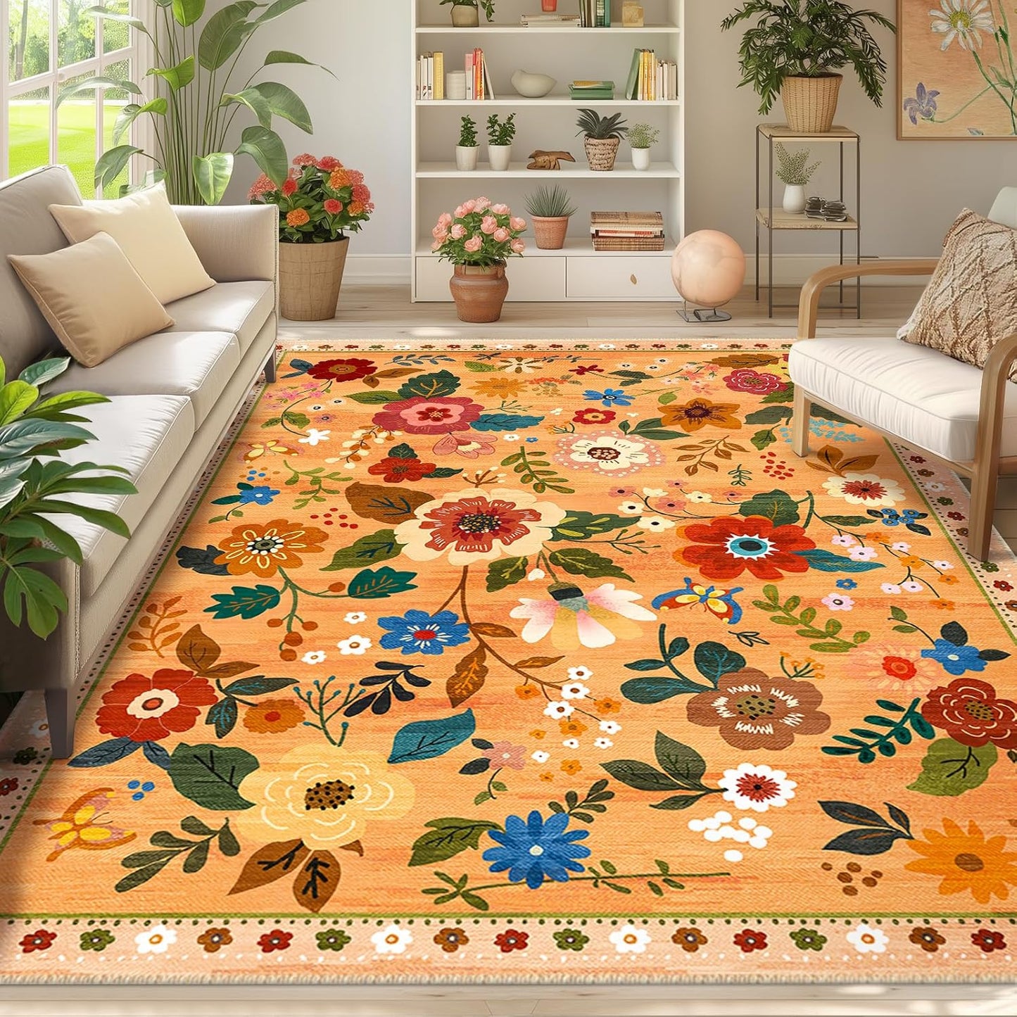 Floral 8x10 Area Rug Machine Washable Soft Print Boho Carpet Non Slip Doormat Low Pile Flower Area Rugs for Living Room Bedroom Nursery Kitchen Dining Room Indoor-Yellow/Orange