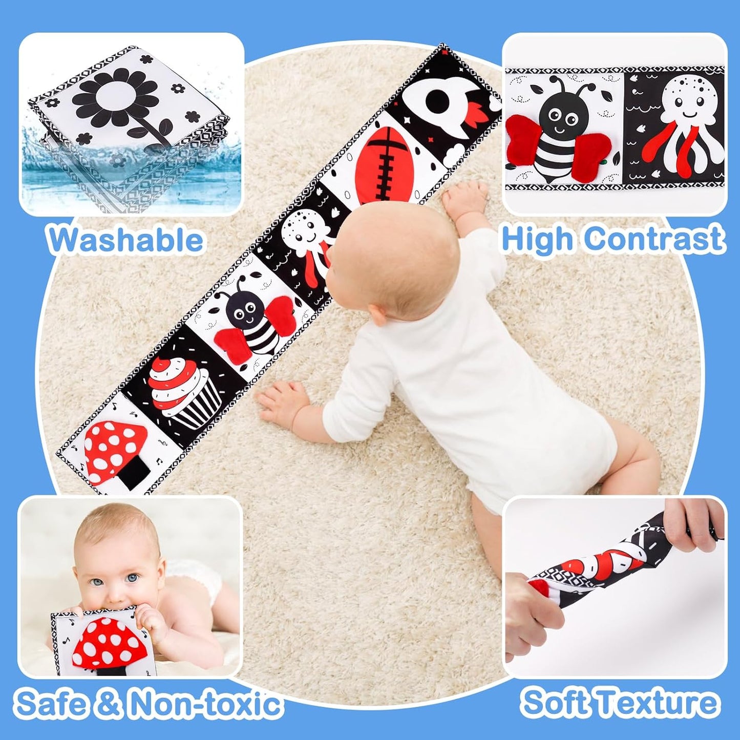 Black and White High Contrast Toys for Baby 0-3 3-6 Months Infant Tummy Time Soft Book Sensory Musical Toy 0-2-4-6 Month Babies Brain Development Montessori Crinkle Book Mirror Newborn Shower Gifts