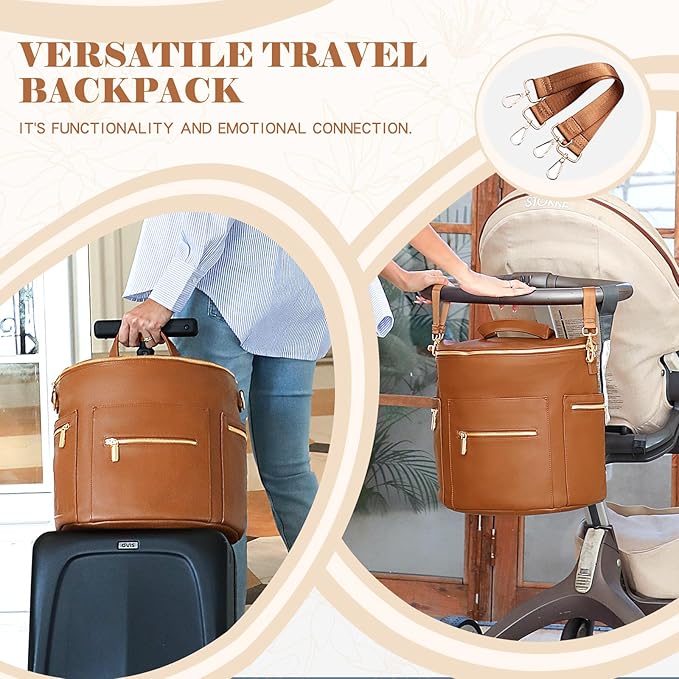 miss fong Diaper Bag Backpack Baby Diaper Bag, Large Leather Diaper Bag Backpack with Changing Pad,Pañaleras Para Bebe for Moms, Stroller Straps, and 2 Insulated Pockets(Convertible, Brown)