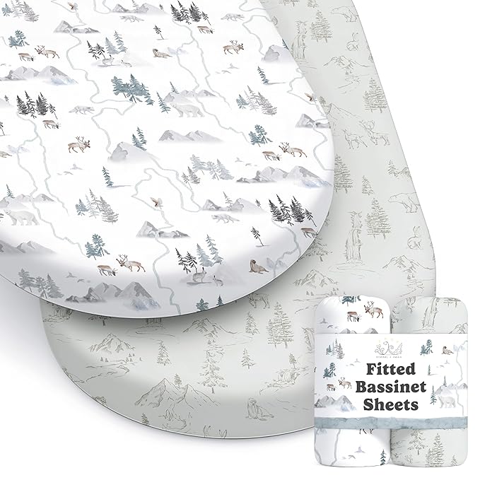 Baby Bassinet Sheets for Boy, Girl (Arctic Journey) 2-Pack - Fitted Bedside Bassinet Sheets - Buttery Soft Cotton Blend for Standard Mattress Pad - Compatible with Halo BassiNest