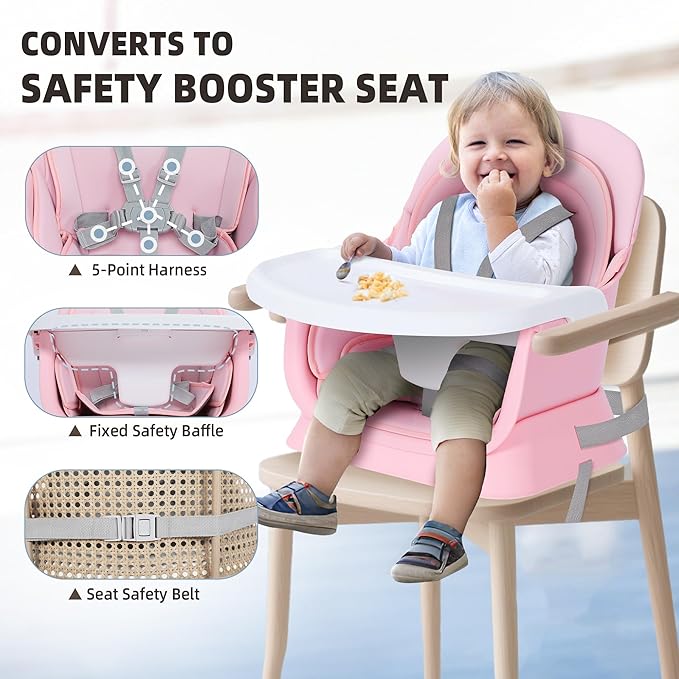 8 in 1 Baby Highchair, Convertible High Chair for Babies and Toddlers, Booster Seat w/5-Point Safety Belt, Toddler Building Block Table, Dishwasher Safe Tray, No Tool Install, Pink