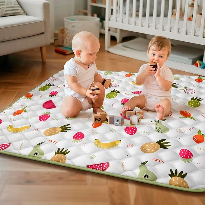 Baby Play Mat for Floor 50x50, Activity Mat, Thicken Soft Fabric Foam Play Mat for Baby, Washable Non-Slip Cushioned Crawling Mat for Babies, Infants, Toddlers（White Fruit