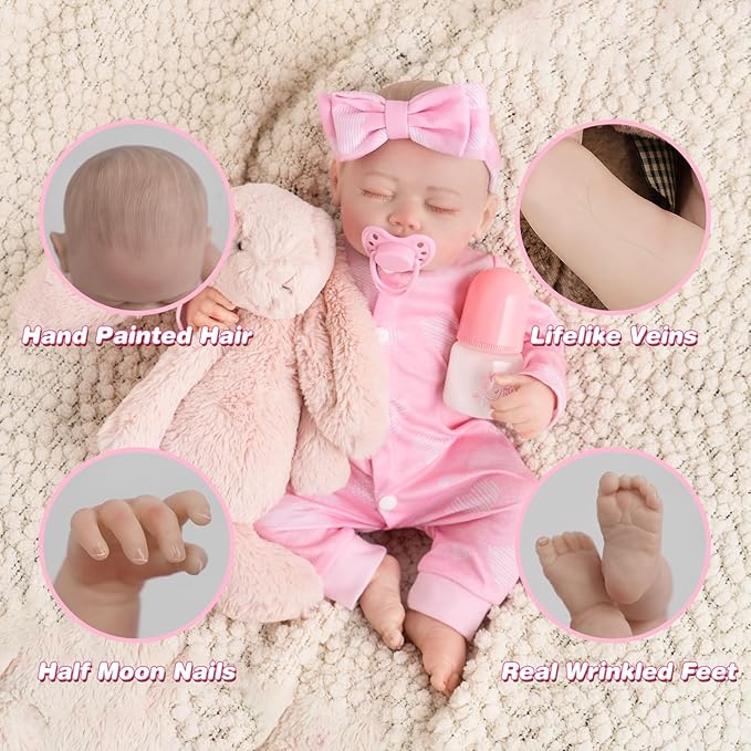 Jirachi Realistic Reborn Baby Dolls, Sleeping Baby Pink Girl Real Life Soft Cloth Body, 18 Inch Lifelike Reborn Baby with Feeding Accessories for Kids