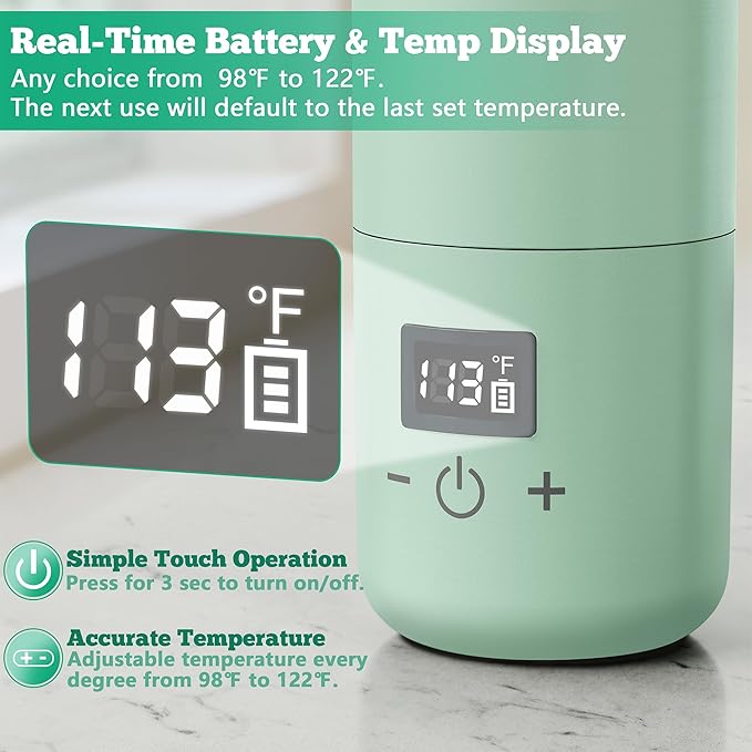 Portable Bottle Warmer for Travel, Baby Bottle Warmer with Adjustable Temp & Keep Warm for Formula, Breastmilk, Super Fast Charging & Rechargeable Milk Warmer, Cordless Water Warmer