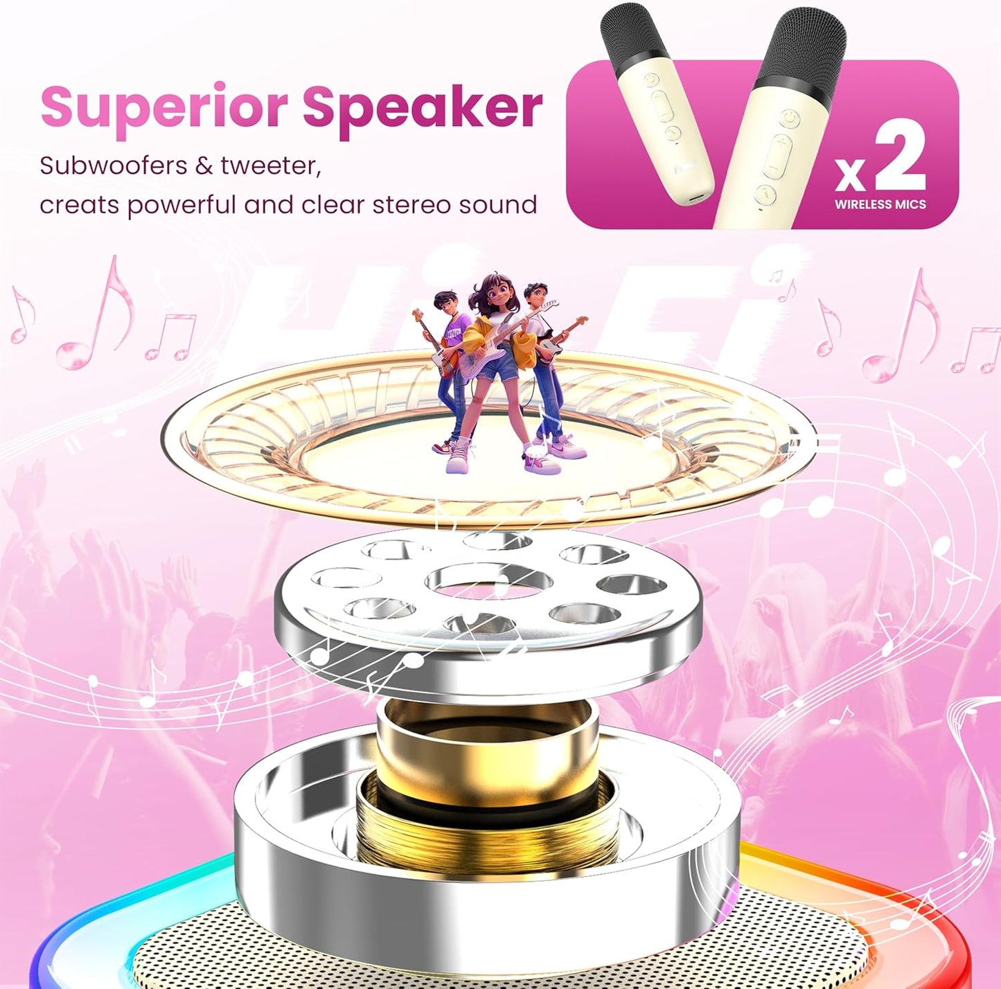 Karaoke Machine for Kids Adults, Portable Bluetooth Mini Karaoke Microphone Singing Speaker Karaoke Player with 2 Wireless Mic, for All Smartphones,Birthday, Family,Home Party (Beige)