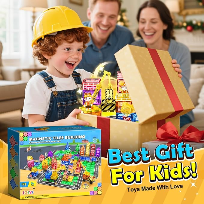 106PCS Magnetic Tiles Road Construction Set - STEM Magnet Building Blocks with Excavator & Crane - Educational Toys Games for Kids Ages 3-12 - Toddler Toys Gifts for Boys and Girls