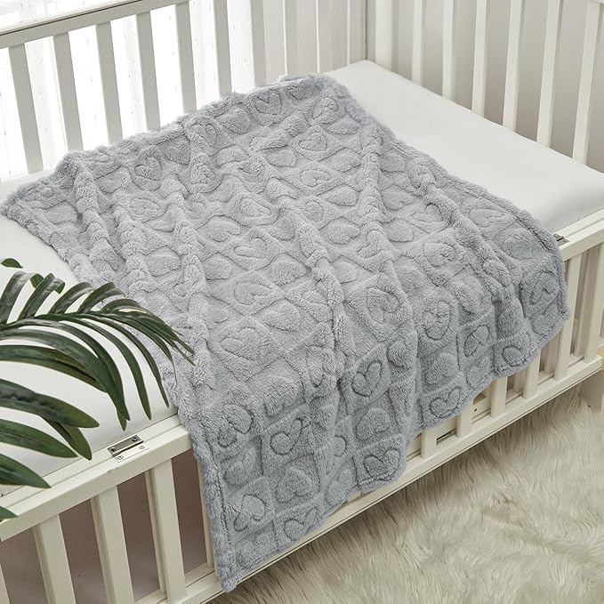 CREVENT 30"X40" Cozy Soft Warm Sherpa Baby Blanket for Girls Boys, Newborn Essentials for Infant, Baby Shower Receiving Gift - Grey Heart 75X100cm + Gift Bag with Ribbon