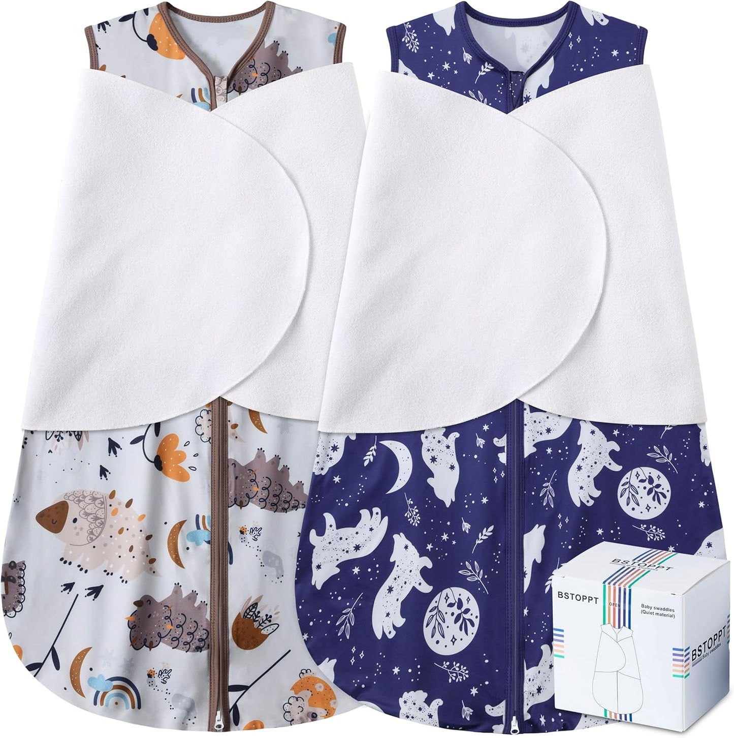 Newborn Sleep Sack Baby Swaddle,3-Way Adjustable Wearable Blanket,100% Rayon Cotton Swaddling Sleeping Bag，TOG 0.5 (Fox & Dinosaurs, 0-3 Months)