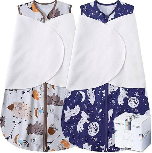 Newborn Sleep Sack Baby Swaddle,3-Way Adjustable Wearable Blanket,100% Rayon Cotton Swaddling Sleeping Bag，TOG 0.5 (Fox & Dinosaurs, 6-12 Months)