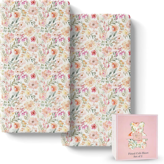 Baby Girls Crib Sheets | 2 Pack Floral Ultra-Soft Bedding for Crib Mattress and Toddler Beds |Blended Cotton Fitted Crib Sheet for Baby Girls Comfort and Elegance by Max&So