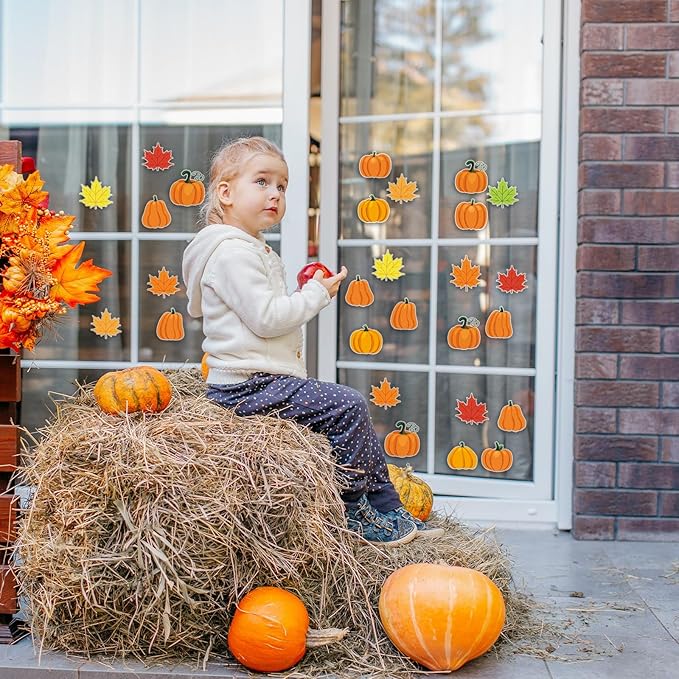 20 PCS Pumpkin Thick Gel Clings Fall Window Decorations Maple Leaves Glass Window Sticker Thanksgiving Decals Stickers for Kids Toddlers Home Airplane Autumn Thanksgiving Harvest Party Supplies
