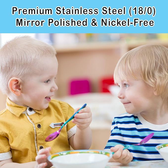 CHILLOUT LIFE Stainless Steel Kids Silverware Set 6 Pieces - Child and Toddler Safe Flatware - Kids Utensil Set - Metal Kids Cutlery Set (Includes 3 Small Kids Spoons & Kids 3 Forks, UV Rainbow)