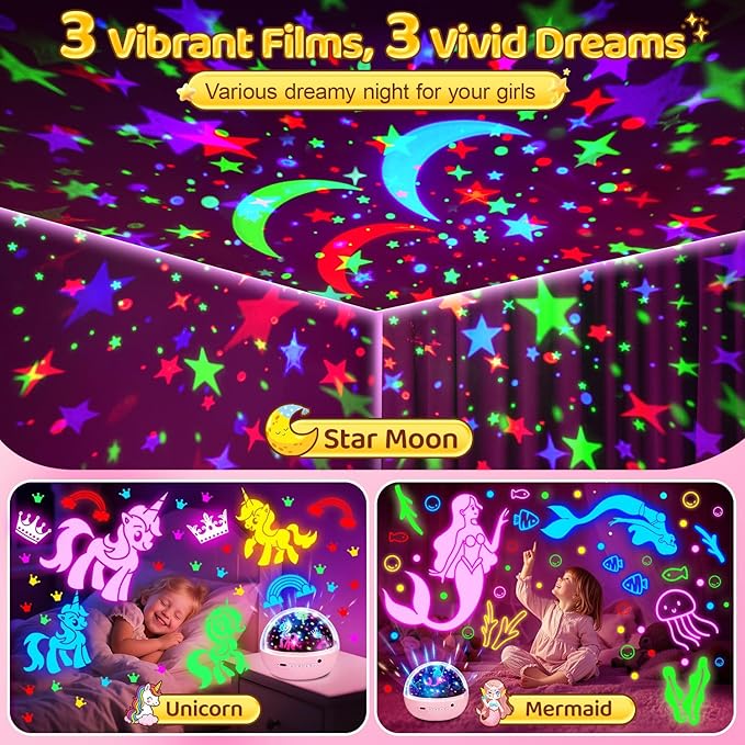 COOLNIGHT Kids Night Light Projector, [93 Lighting+3Films+Remote] Star Projector for Kids, 3 Brightness+3 Timer Star Lights for Bedroom, 360°Rotate + Quieter Stars for Ceiling, Girls Night Light,Gift