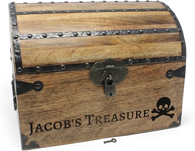 Nautical Cove Personalized Wood Treasure Chest - Pirate Chest with Custom Engraving (Large 13x10x10) – Decorative Storage, Treasure Box, Wooden Keepsake Box