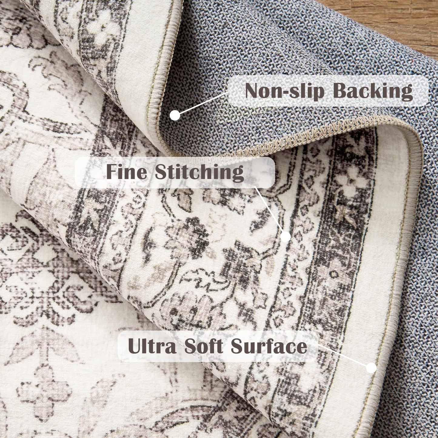 jinchan Round Rug 8ft Washable Circle Soft Rug - Low Pile Vintage 8'Round Indoor Beige Floral Print Stain Resistant Boho Carpet Ultra-Thin Non-Slip for Living Room Bedroom Dining Room Kitchen