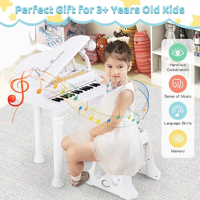 Costzon Kids Piano, 31 Key Mini Grand Piano Toy Keyboard with Microphone, Stool & Lights, Portable Electronic Piano Educational Musical Instrument Toy, Birthday Gift for Toddler Boys Girls (White)
