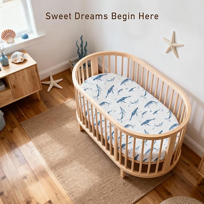 Muslin Bassinet Fitted Sheets, 2 Pack for Baby Boy and Girl, Soft Breathable Baby Pad/Mattress Sheet, Fit for Hourglass Oval and Rectangle Bassinet Mattress (Blue Whale, Bassinet Sheets 2 Pack)