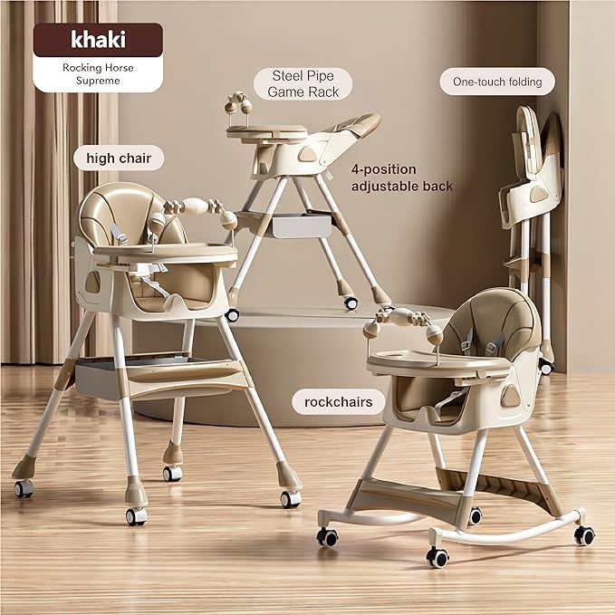 Nine point nine PU Leather High Chairs with Rocking Mode, High Chair for Babies and Toddlers, Adjustable and Easy to Fold Highchair, Highchairs with Double Tray (Khaki)