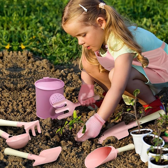 Kids Gardening Set 14Pcs Gardening Tools for Kids with Tote Bag,Watering Can, Shovel, Apron, Garden Book and More Educational STEM Learning Outdoor for Toddlers Boys Girls (Pink)