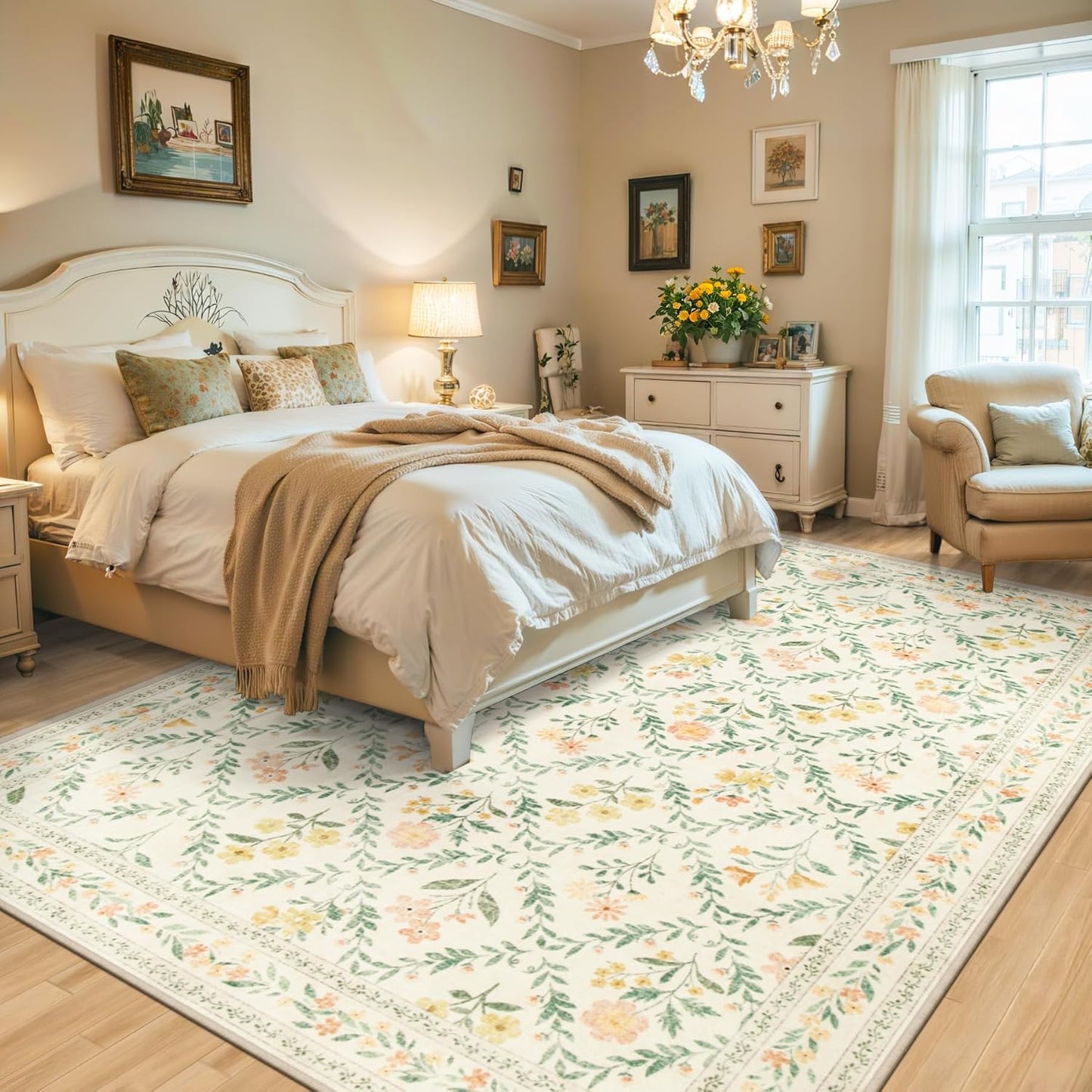8x10 Area Rugs for Living Room: Floral Washable Rug Vintage Large Soft Boho Non-Slip Carpet Indoor Floor Stain Resistant Carpets for Bedroom Dining Room Farmhouse Nursery Home Office Beige/Multi