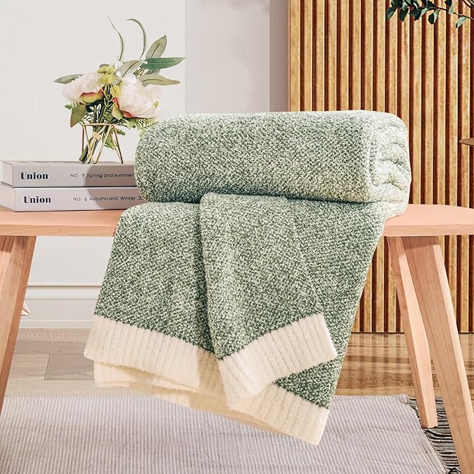 NEXHOME PRO Twin Size Super Soft Throw Blankets for Couch, Cozy Blankets Reversible Warm Knit Blanket for Women, Fuzzy Plush Lightweight Throws for Sofa, Bed, Picnic, Sage Green White, 60 x 80 inches