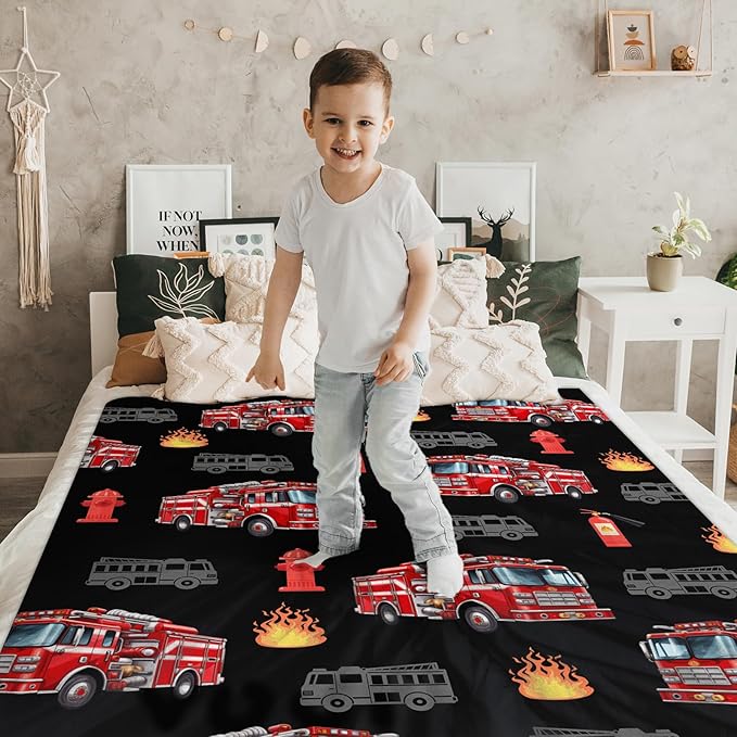 Boys Blanket Gift Fire Truck Throw Blankets for Kids Adults Birthday, 60x80 Inches Lightweight Cozy Decor Throw for Sofa Couch Bedroom Office