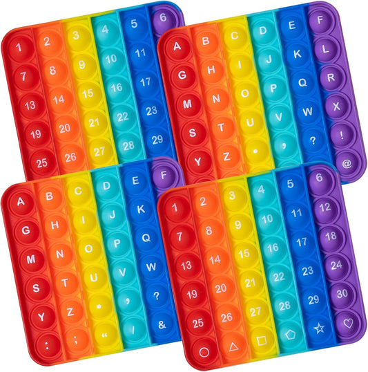 Push Pop Bubble Fidget Sensory Toy, 4-Pack, Square, 5 x 5 Inches, Rainbow, Numbers and Alphabets, Party Favors