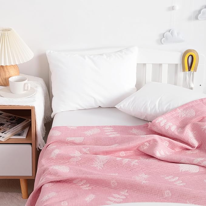 NTBAY 3 Layer Toddler Blanket, Muslin Cotton Jacquard Bed Blankets, Lightweight Thermal Baby Blanket, Super Soft and Warm Crib Blanket for All Seasons, Decoration Gift, 30"x40", Pink Pineapple