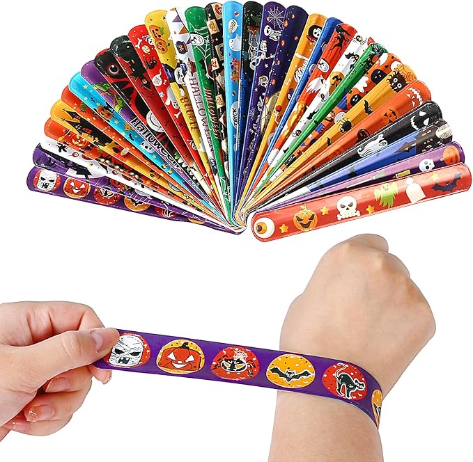 Halloween Slap Bracelet For Kids,48Pcs Halloween Party Favors, Halloween Decorations Gifts Bracelet Decorations Outdoor, Halloween Prizes Snap Bracelets Bulk Decor,Halloween Favors for Kids,Boys,Girls