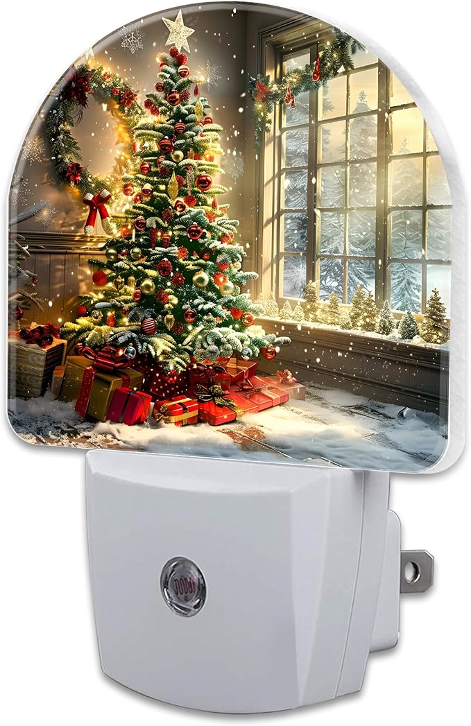 Christma Room Full of Gifts Night Light, Christmas Tree with Red and Gold Ornaments Dusk to Dawn Plug in, 0.5w Energy Saving Sleep Friendly NightLight for Kids Boys Girls Home Decor